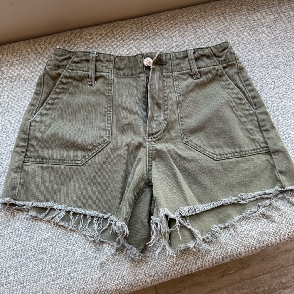PAIGE Green Cargo Shorts with Frayed Hem